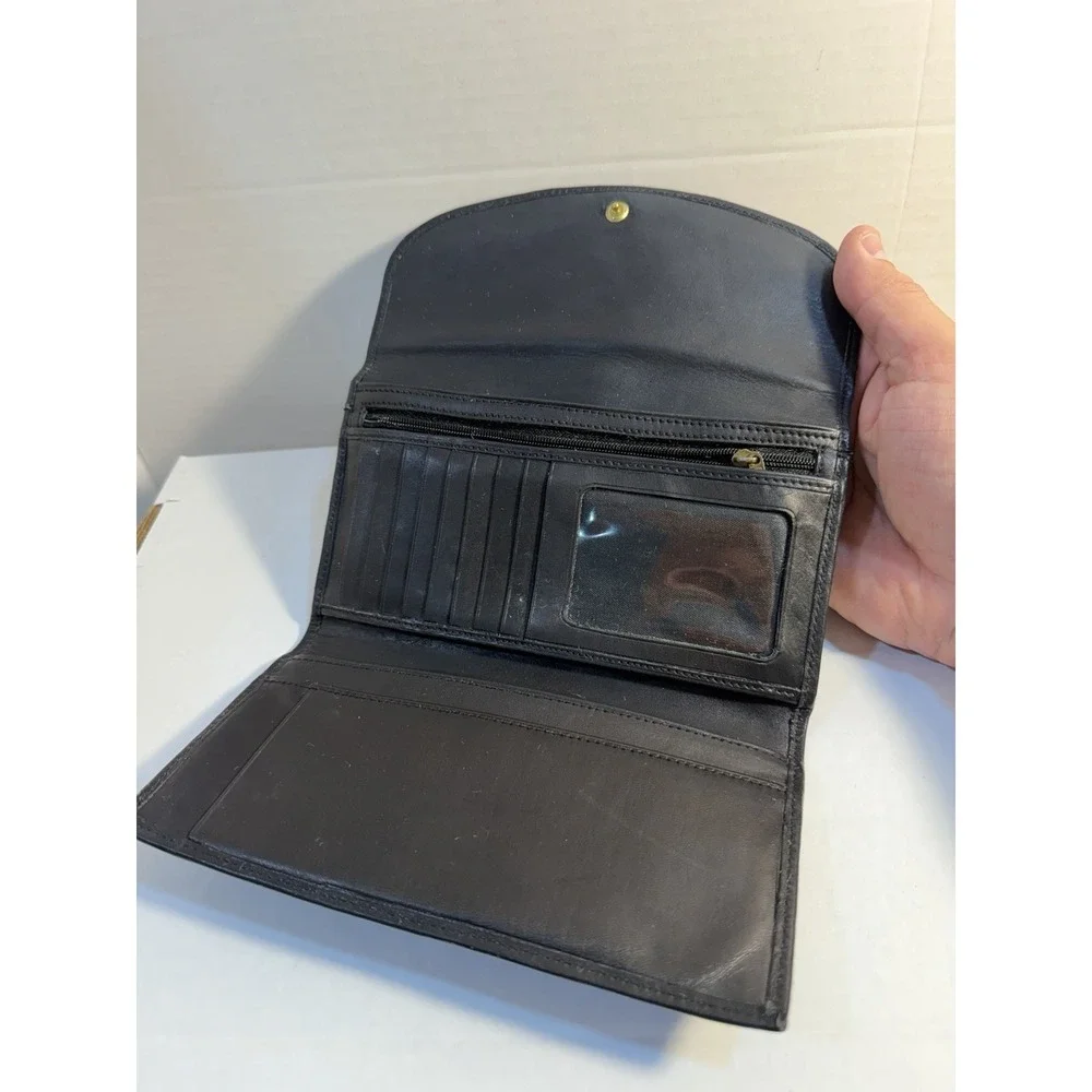 Vintage Liz Claiborne‎ Black Leather Clutch Wallet Embossed Braiding Flap
